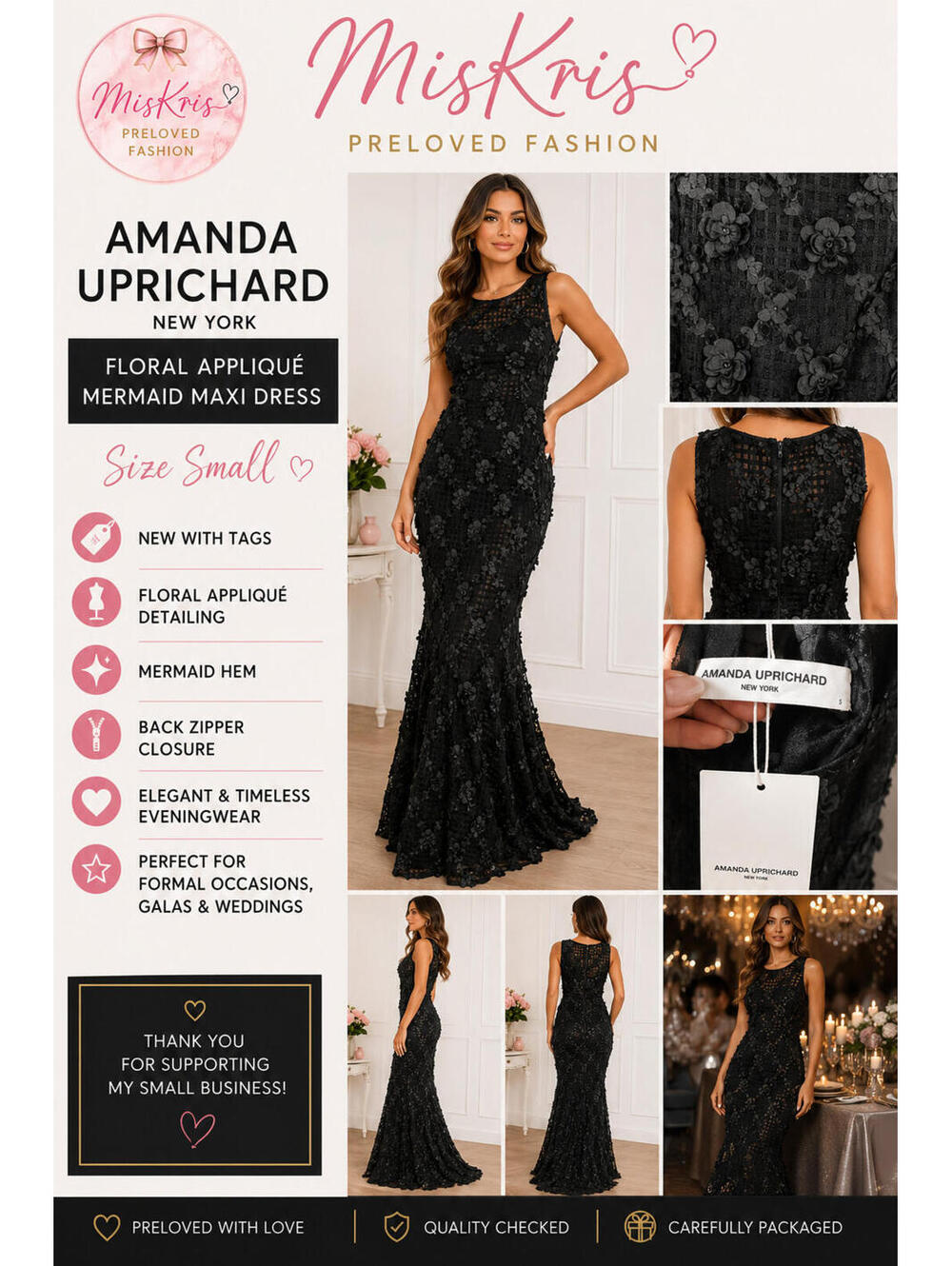 Amanda Uprichard Black Floral Appliqué Mermaid Maxi Dress Size Small NWT